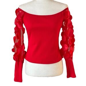 SHEIN Red Off Shoulder Ribbed Crop Top with Petal Sleeves M